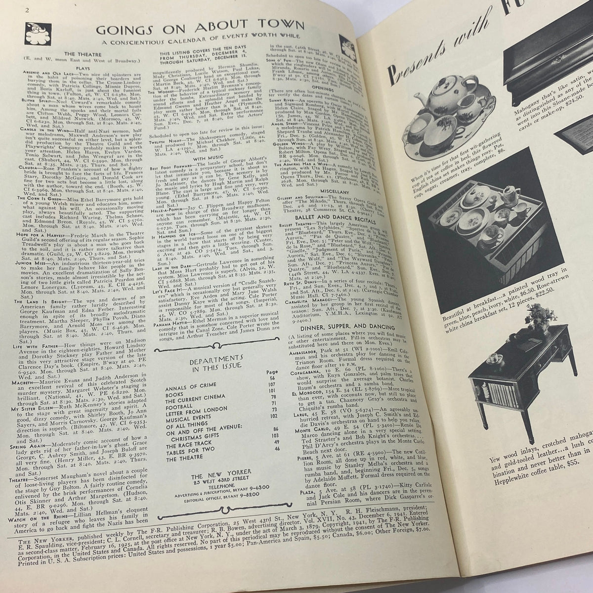 Interior page of The New Yorker magazine December 6, 1941, featuring the 'Goings On About Town' section with listings and events.