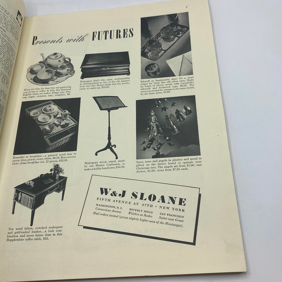 Interior page of The New Yorker magazine December 6, 1941, showcasing the 'Presents with Futures' section highlighting gifts and advertisements.