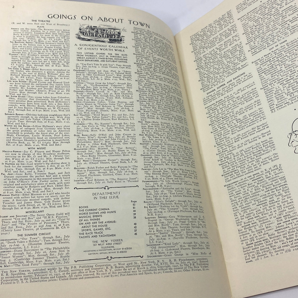 Interior page from The New Yorker Complete Magazine July 26, 1941 featuring events and listings, showcasing its vintage layout and content.