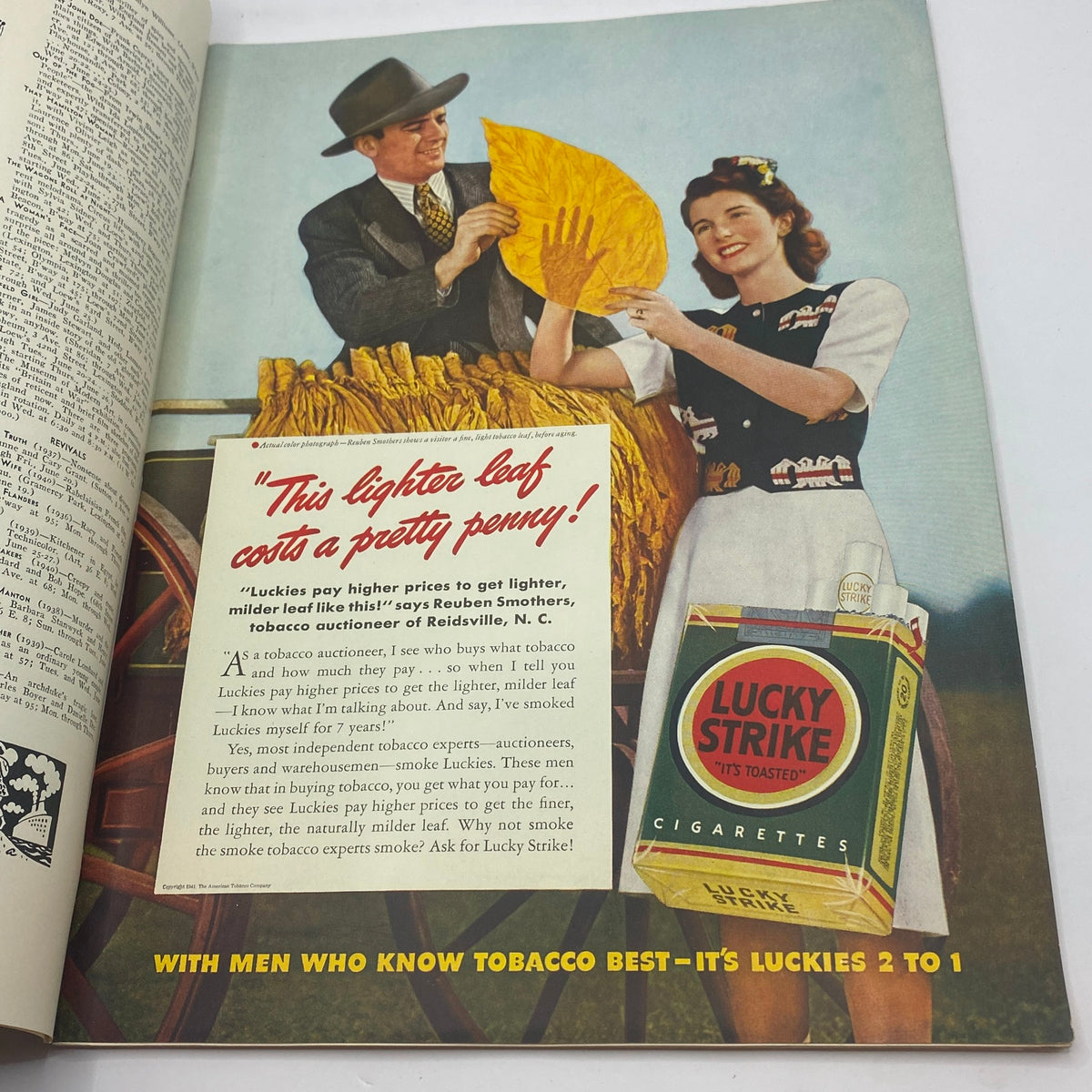 Vintage advertisement featuring a man and woman examining tobacco leaves with a Lucky Strike cigarette pack in the foreground. Part of The New Yorker Complete Magazine June 21, 1941 Rea Irvin Cover collection.