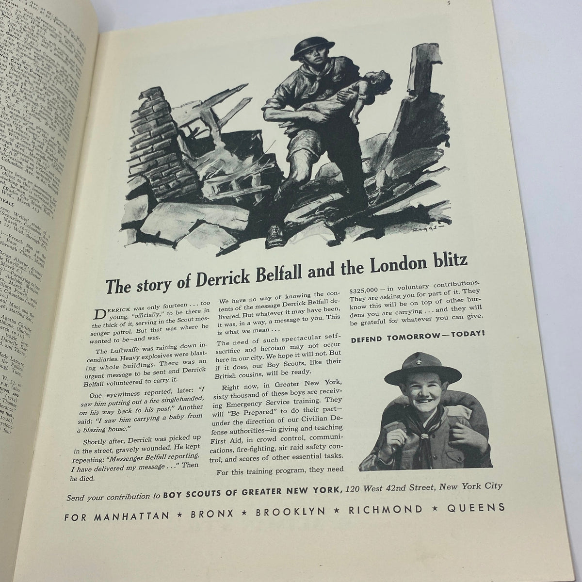 Another interior page from The New Yorker, March 7, 1942, featuring an article about Derrick Belfall and the London Blitz, contributing to the historical context of the issue with the Constantin Alajalov cover.