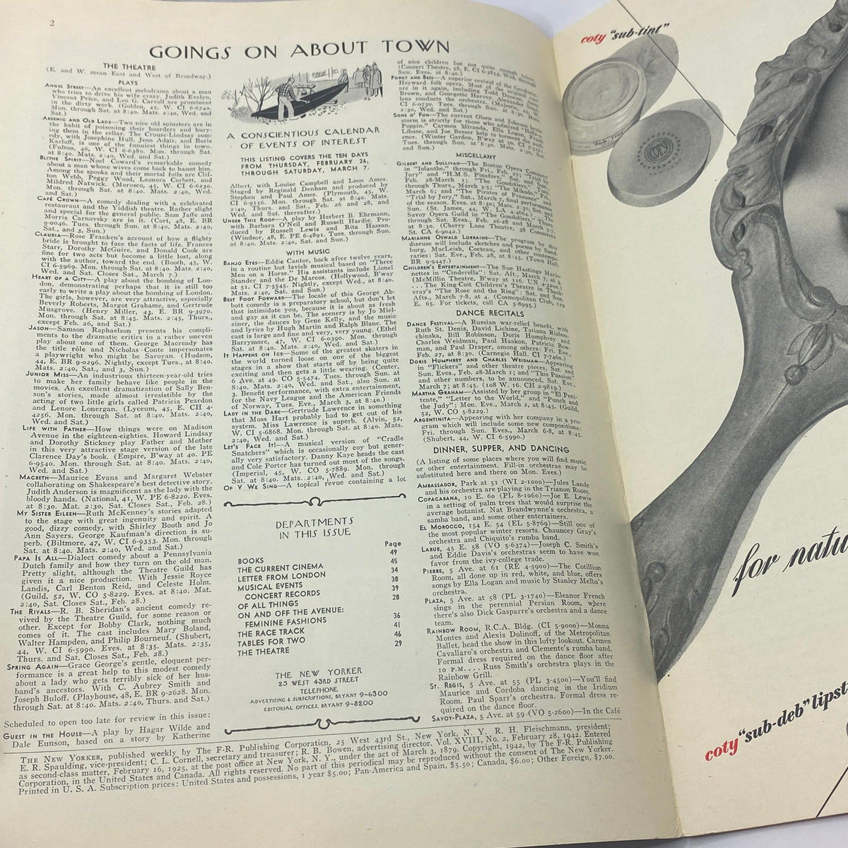 The New Yorker Complete Magazine February 28, 1942, showing the Goings On About Town section with listings of events and activities.