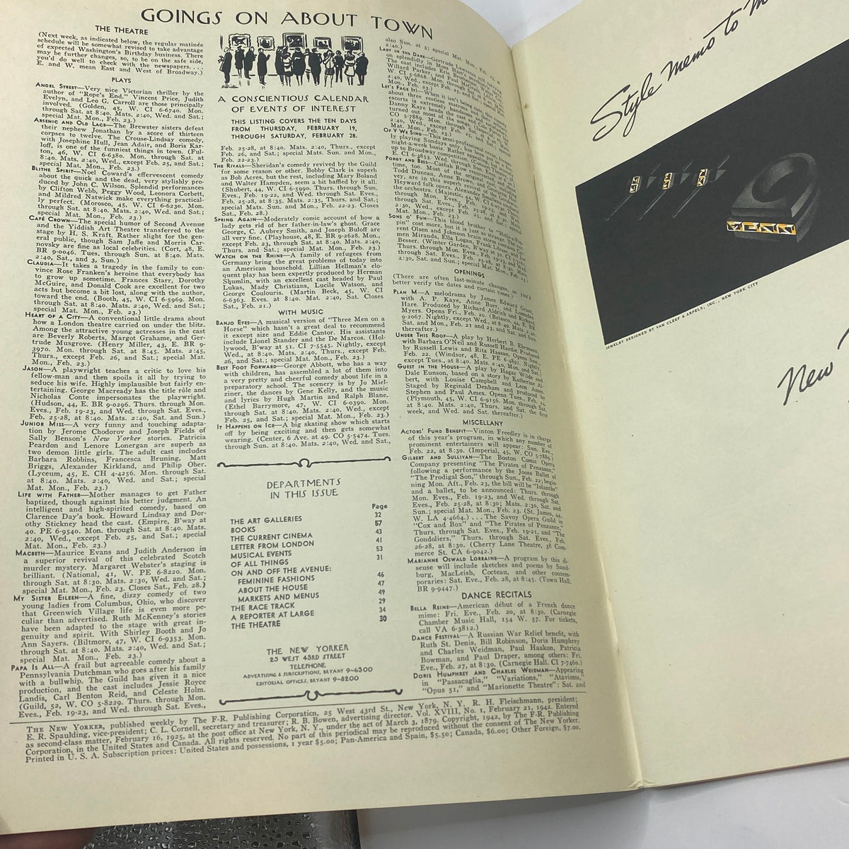 Interior page of The New Yorker magazine, February 21, 1942, showcasing the 'Goings On About Town' section, featuring listings for theater and cultural events.