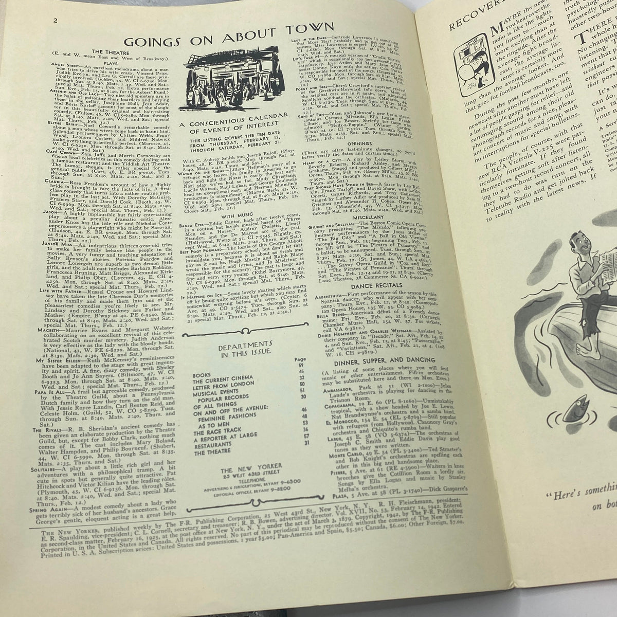 Inside page of The New Yorker complete magazine February 14, 1942 featuring the section 'Goings On About Town' with events and content listings alongside illustrations.