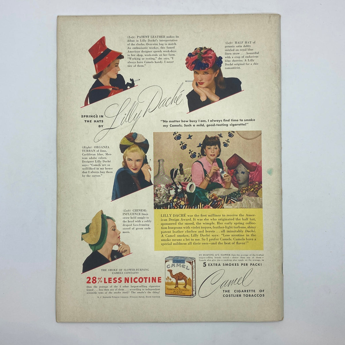 Back advertisement page of The New Yorker complete magazine February 14, 1942 showcasing spring hats by Lilly Daché, featuring multiple models and promoting Camel cigarettes.