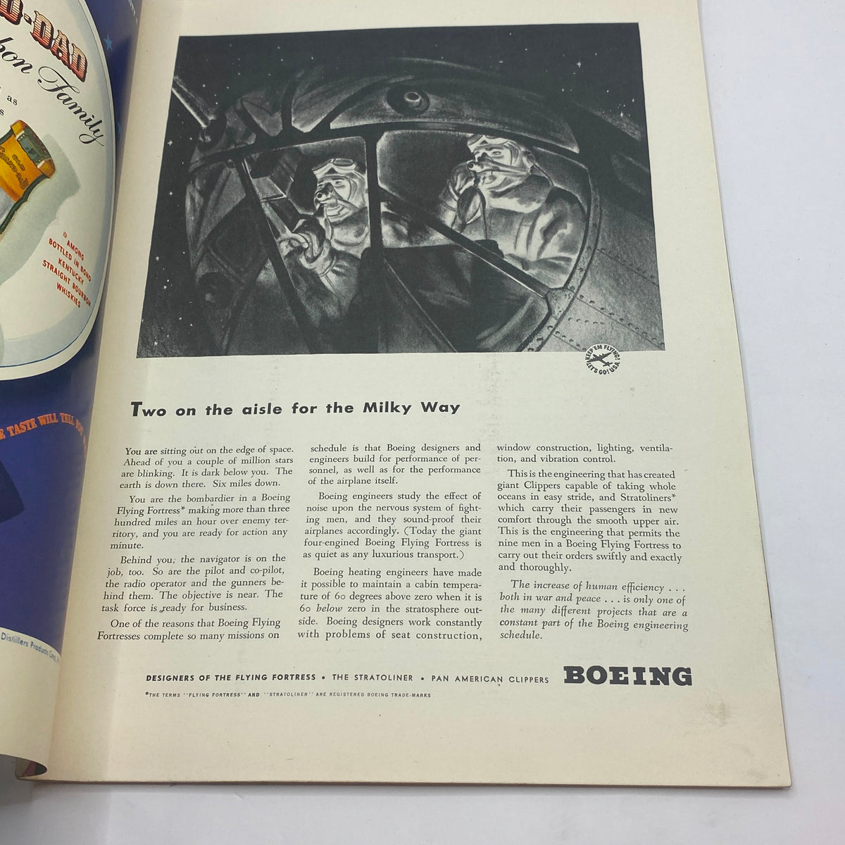 Interior page of The New Yorker magazine, May 23, 1942 issue featuring an advertisement for Boeing with the title 'Two on the aisle for the Milky Way', highlighting aviation themes.
