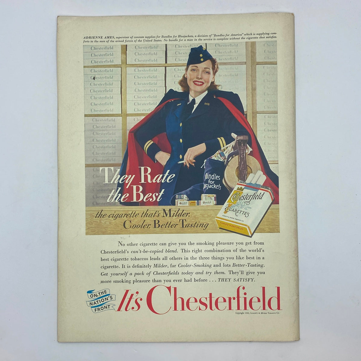 Vintage Chesterfield cigarette advertisement from The New Yorker magazine, May 23, 1942 issue, featuring a woman in a military uniform, promoting the brand with the tagline 'They Rate the Best'.