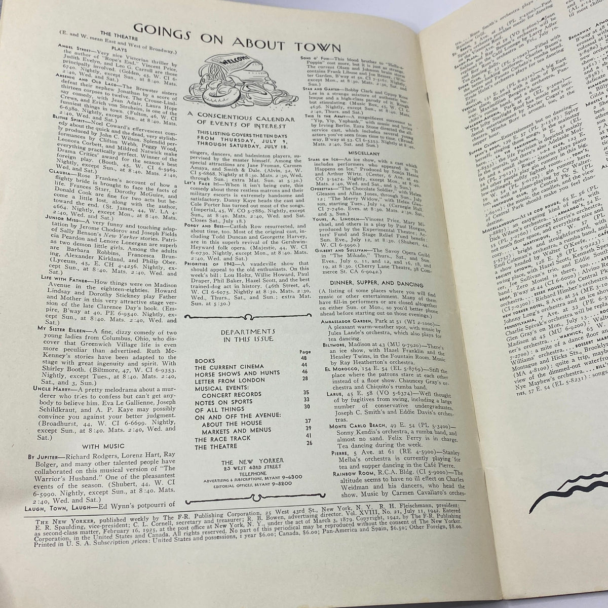 Inside page of The New Yorker magazine from July 11, 1942, featuring the 'Goings On About Town' section, showcasing events and listings relevant to the era.