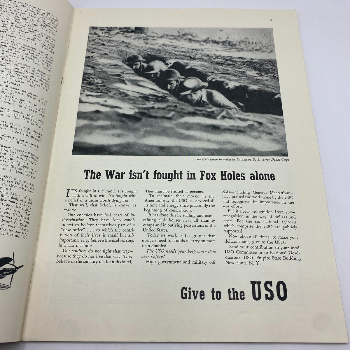An advertisement page from The New Yorker magazine dated July 11, 1942, highlighting the importance of the USO during World War II, depicting soldiers and encouraging support.