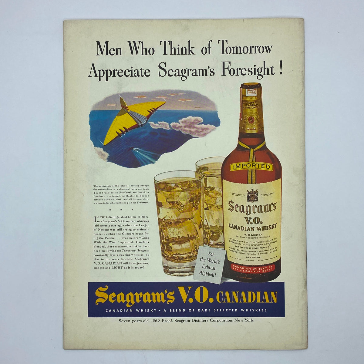 Vintage advertisement for Seagram's V.O. Canadian whisky from The New Yorker magazine, July 11, 1942, featuring a bottle and glasses, promoting foresight and enjoyment.
