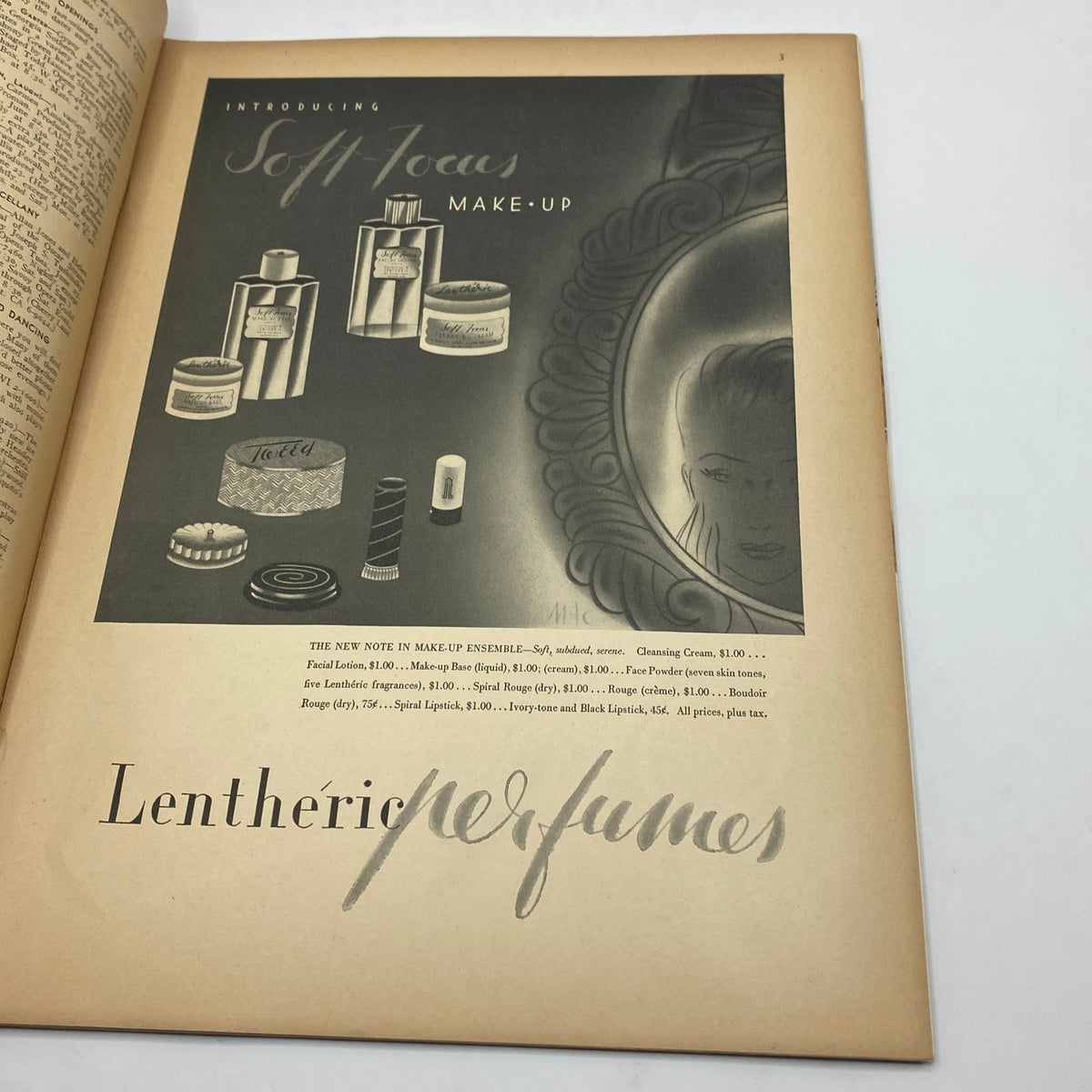 Advertisement for Soft Focus Make-Up in The New Yorker Complete Magazine June 20, 1942, featuring beauty products and a classic art style by Constantin Alajalov.