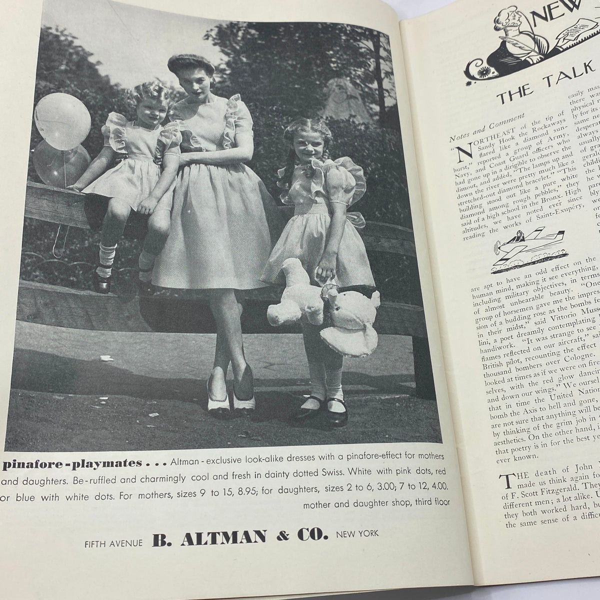Advertisement for B. Altman & Co. in The New Yorker Complete Magazine June 13, 1942 showcasing matching dresses for mothers and daughters.