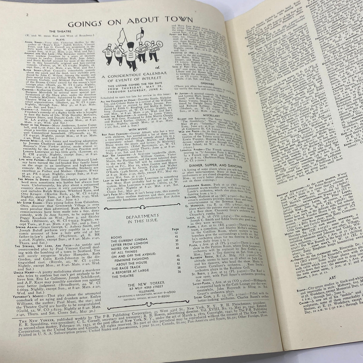 Interior view of The New Yorker magazine issue from May 30, 1942 featuring events and listings in New York City, relevant to the vintage publication titled 'The New Yorker Complete Magazine May 30, 1942 Perry Barlow Cover.'
