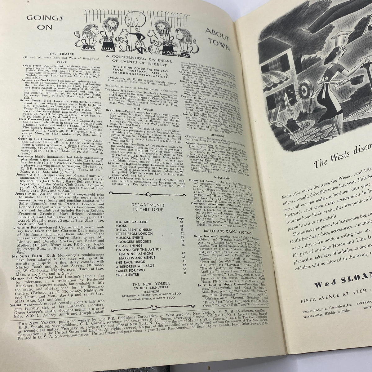 Interior page of The New Yorker magazine dated April 11, 1942, featuring a cultural calendar and theatre events, showcasing early 1940s social life.
