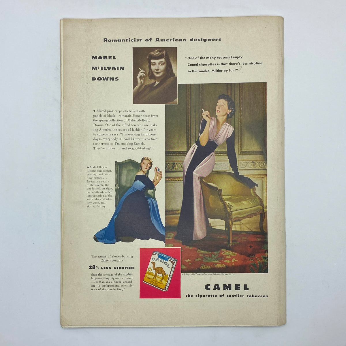 Advertisement page from The New Yorker magazine dated April 11, 1942, featuring fashion designs by Mabel McIlvain Downs and promoting Camel cigarettes.