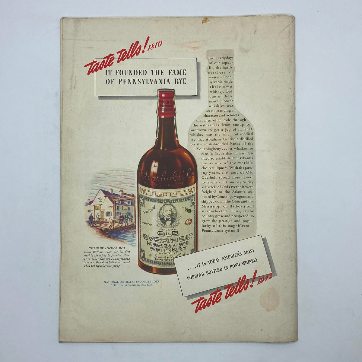 Advertisement from The New Yorker Complete Magazine April 4, 1942 promoting Old Overholt Straight Rye Whiskey with a detailed image of the bottle and historical context.
