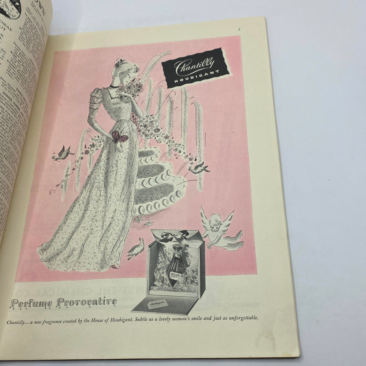 Advertisement showing a fashionable woman in a pink dress surrounded by floral elements, promoting 'Chantilly' fragrance by the House of Houbigant. This image is part of The New Yorker magazine from March 28, 1942, featuring the Perry Barlow cover.