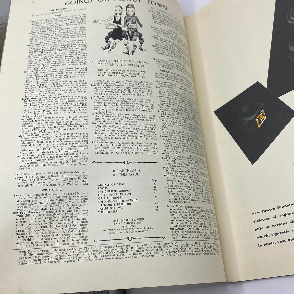 Inside page of The New Yorker magazine dated March 21, 1942, featuring cultural event listings and a vintage illustration of two girls, part of the Ludwig Bemelmans cover edition.