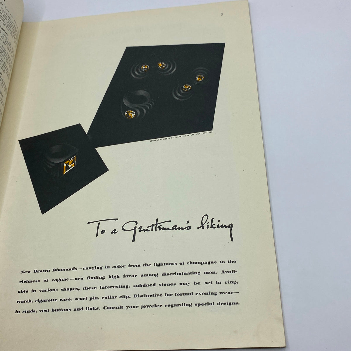 To a Gentleman's Liking advertisement from The New Yorker magazine, March 21, 1942, showcasing brown diamond jewelry options, following the vintage theme of the Ludwig Bemelmans cover.
