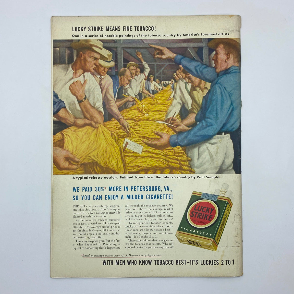 Advertisement for Lucky Strike cigarettes in The New Yorker magazine, March 21, 1942, depicting a tobacco auction, relevant to the era and style of the Ludwig Bemelmans cover.