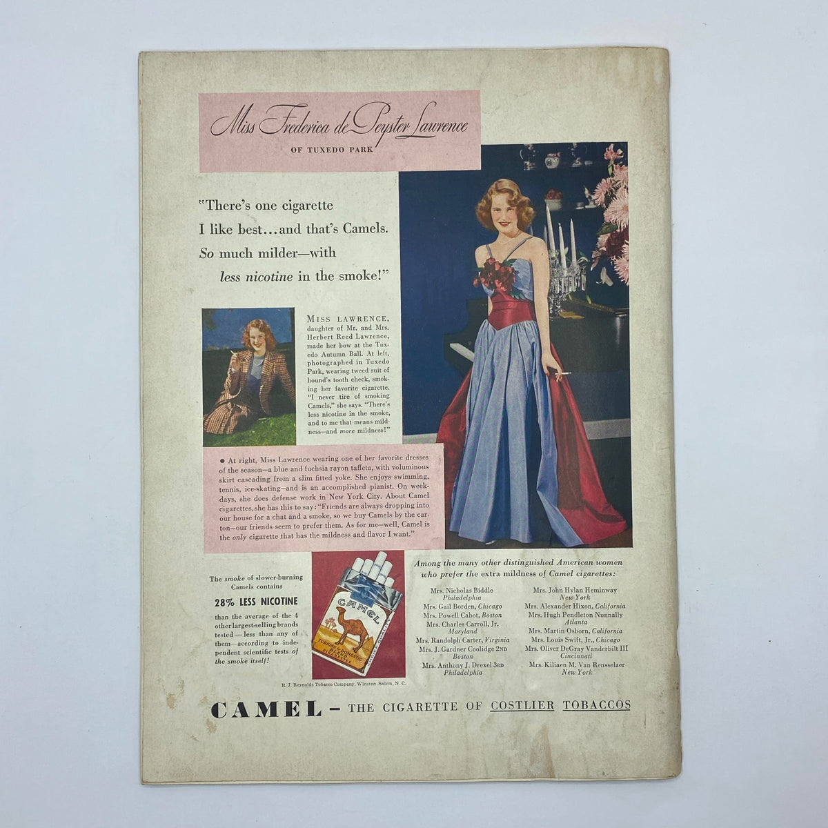 Advertisment page from The New Yorker magazine March 14, 1942, highlighting Miss Frederica de Peyster Lawrence promoting Camel cigarettes, showcasing vintage fashion and branding.