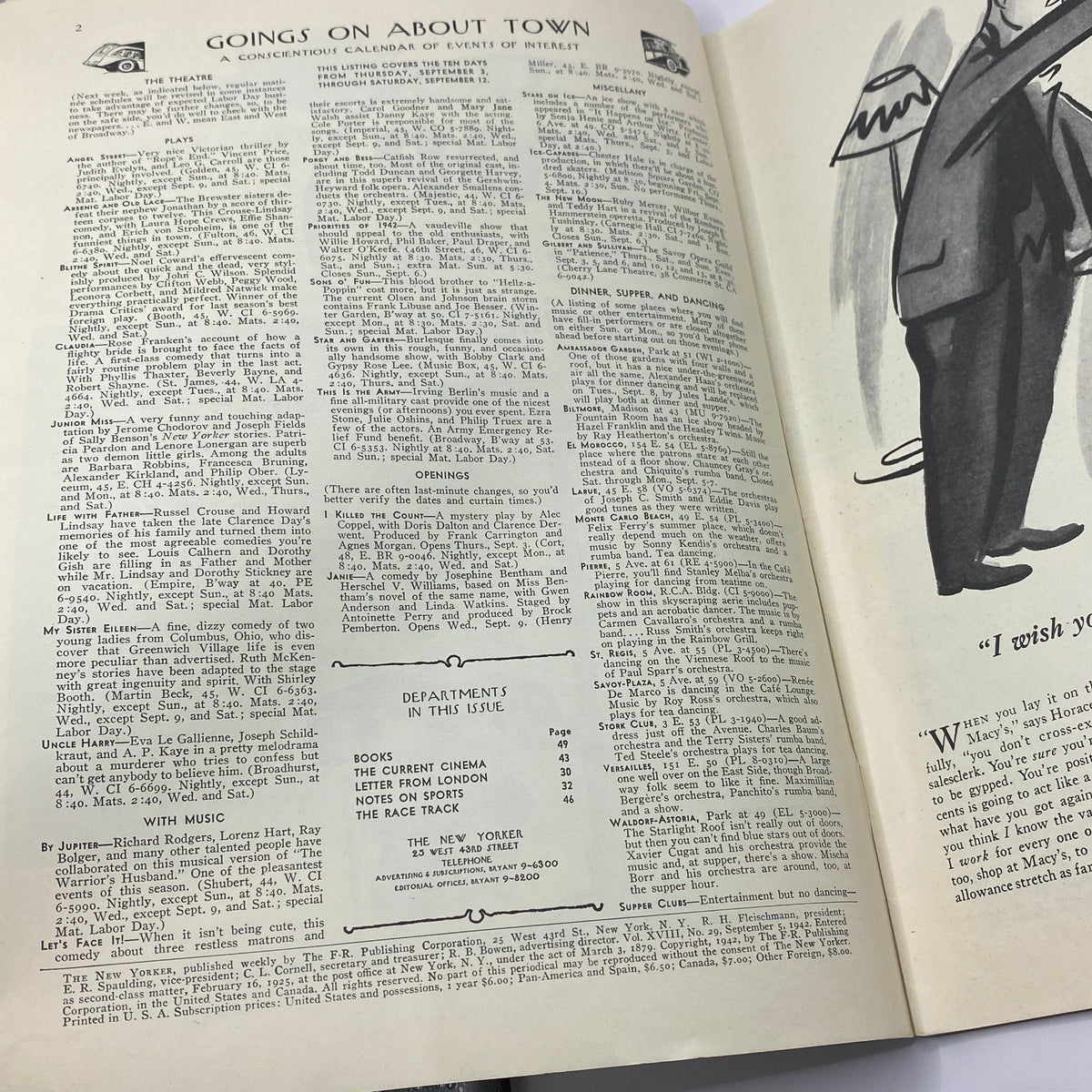 Inside page from The New Yorker magazine September 5, 1942 showing events calendar and department listings.