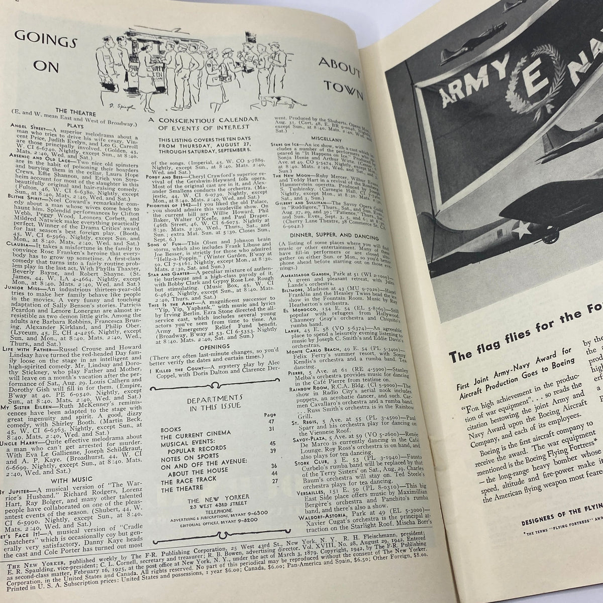 Inside spread of The New Yorker magazine, August 29, 1942 issue, featuring articles and advertisements reflecting the socio-political climate of World War II America.