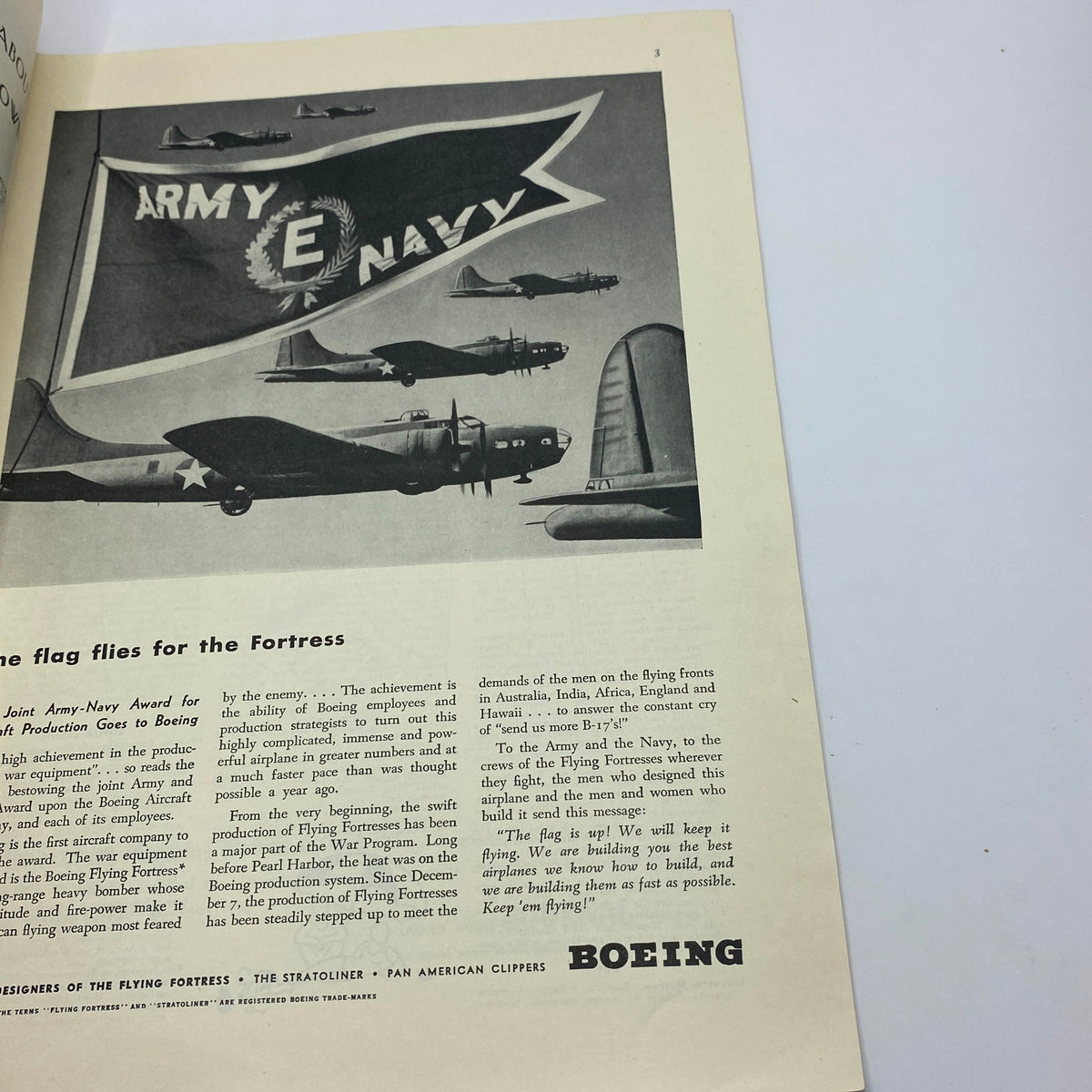 Boeing advertisement featuring Army and Navy planes and a flag for The New Yorker Complete Magazine August 29, 1942, showcasing wartime aviation.