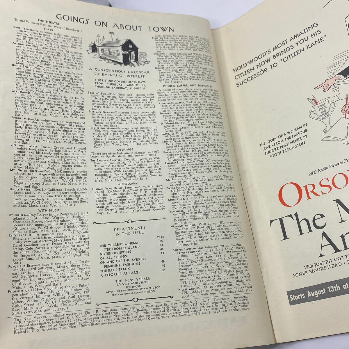 Inside page of The New Yorker magazine from August 15, 1942, featuring a calendar of events and listings, alongside advertisement for Orson Welles' film 'The Magnificent Ambersons'. The page showcases vintage typography and layout.