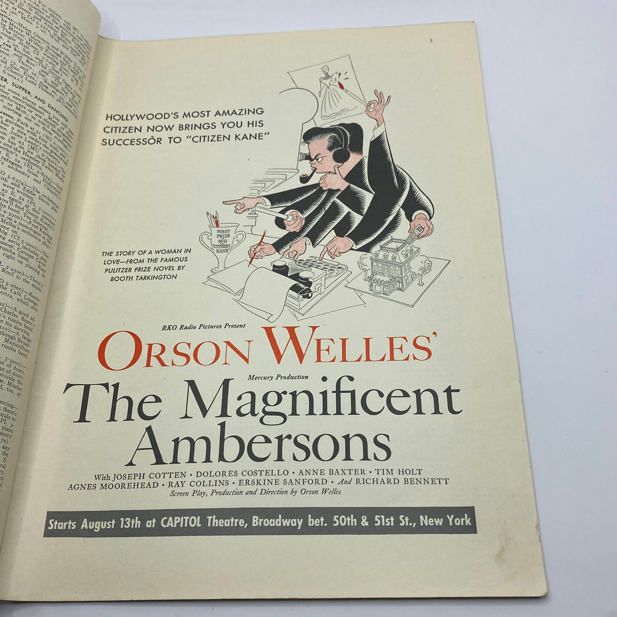Inside page of The New Yorker magazine, August 15, 1942, highlighting an advertisement for Orson Welles' production 'The Magnificent Ambersons'. The illustration features Welles surrounded by various film-related elements, reflecting the arts culture of the era.