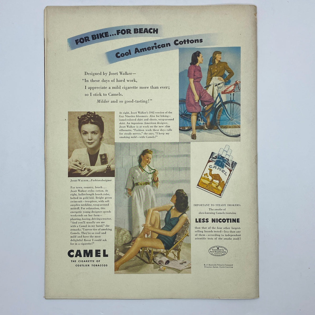Camel cigarette advertisement designed by Joset Walker, showcasing stylish women in summer attire, bicycles, and a Camel pack, from The New Yorker Complete Magazine July 4, 1942.