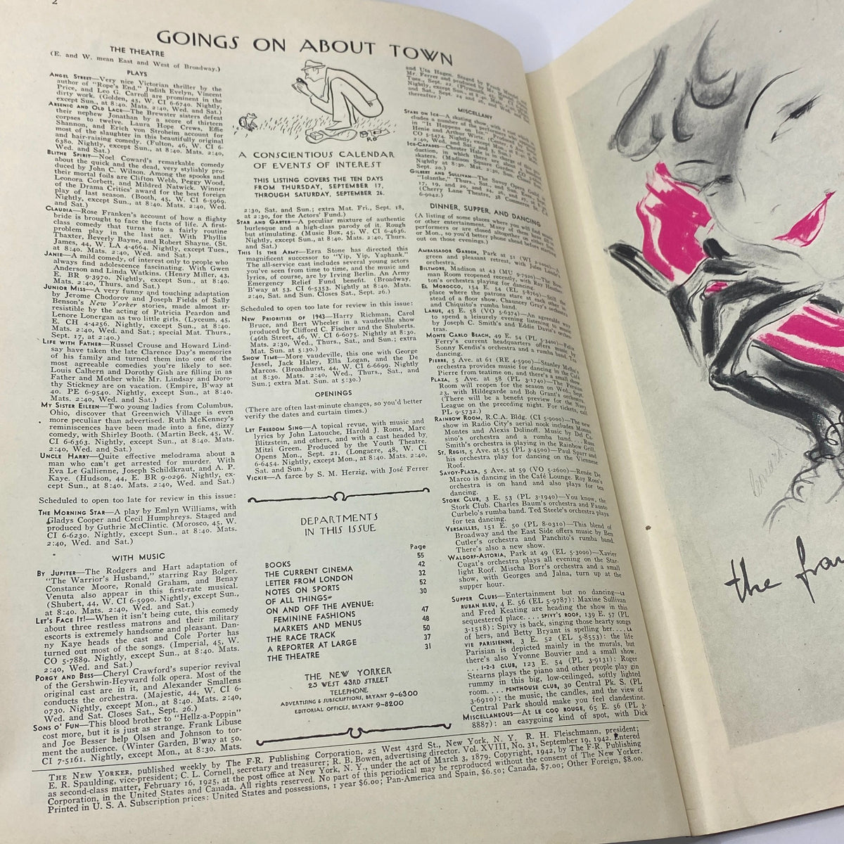 Inside page of The New Yorker magazine from September 19, 1942, featuring a list of events and activities titled 'Goings On About Town' alongside artwork by Helen E. Hokinson.