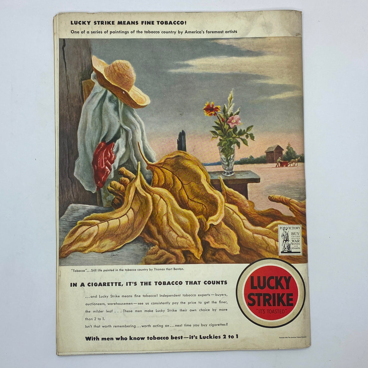 Back cover of The New Yorker magazine, October 17, 1942, depicting a Lucky Strike cigarette advertisement with an artistic still life and a promotional message.