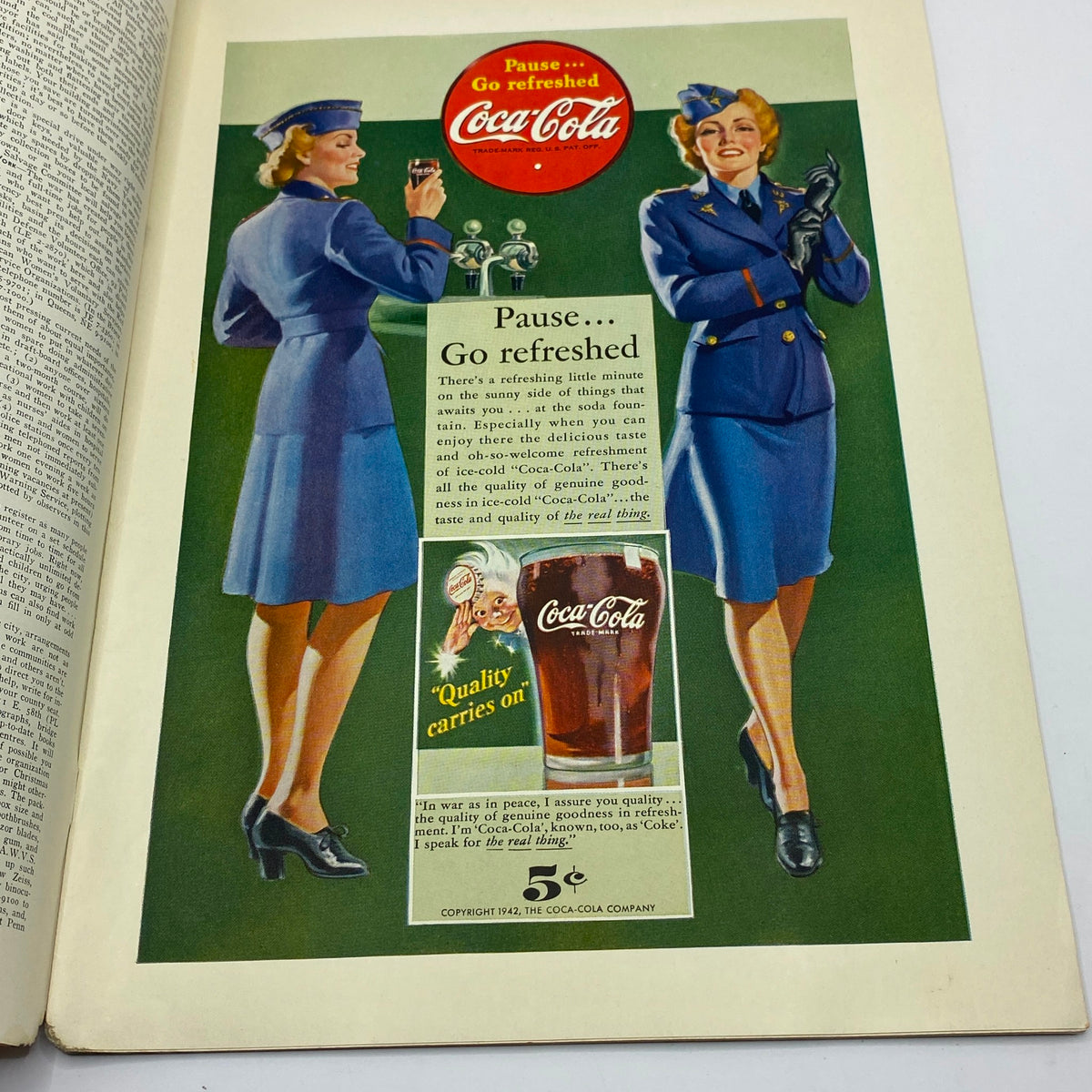 Vintage Coca-Cola advertisement featuring two women in blue uniforms promoting the refreshing taste of Coca-Cola, from the October 3, 1942 issue of The New Yorker with a James Thurber cover.