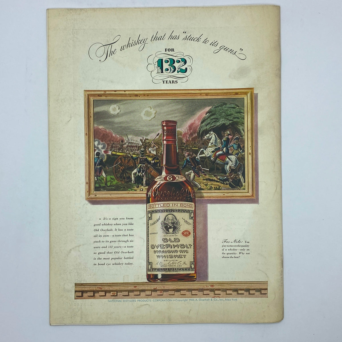 Old Overholt Straight Rye Whiskey advertisement showcasing the whiskey bottle and historical imagery, from the October 3, 1942 issue of The New Yorker with a James Thurber cover.