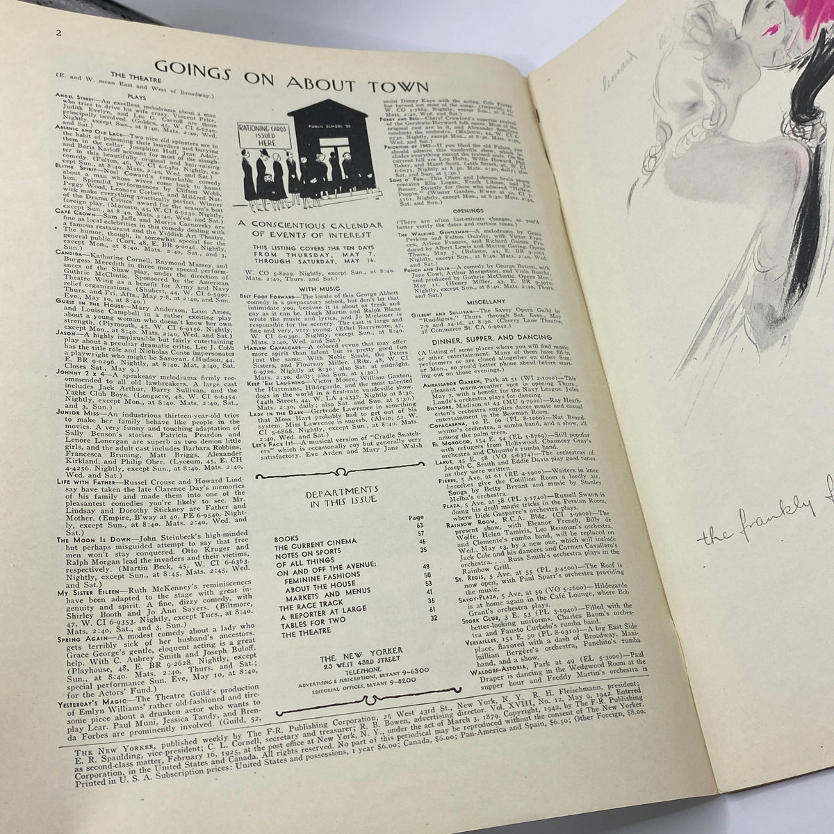 Interior page of The New Yorker Complete Magazine May 9, 1942 featuring 'Goings On About Town' section with listings of events and activities, alongside a stylized illustration.