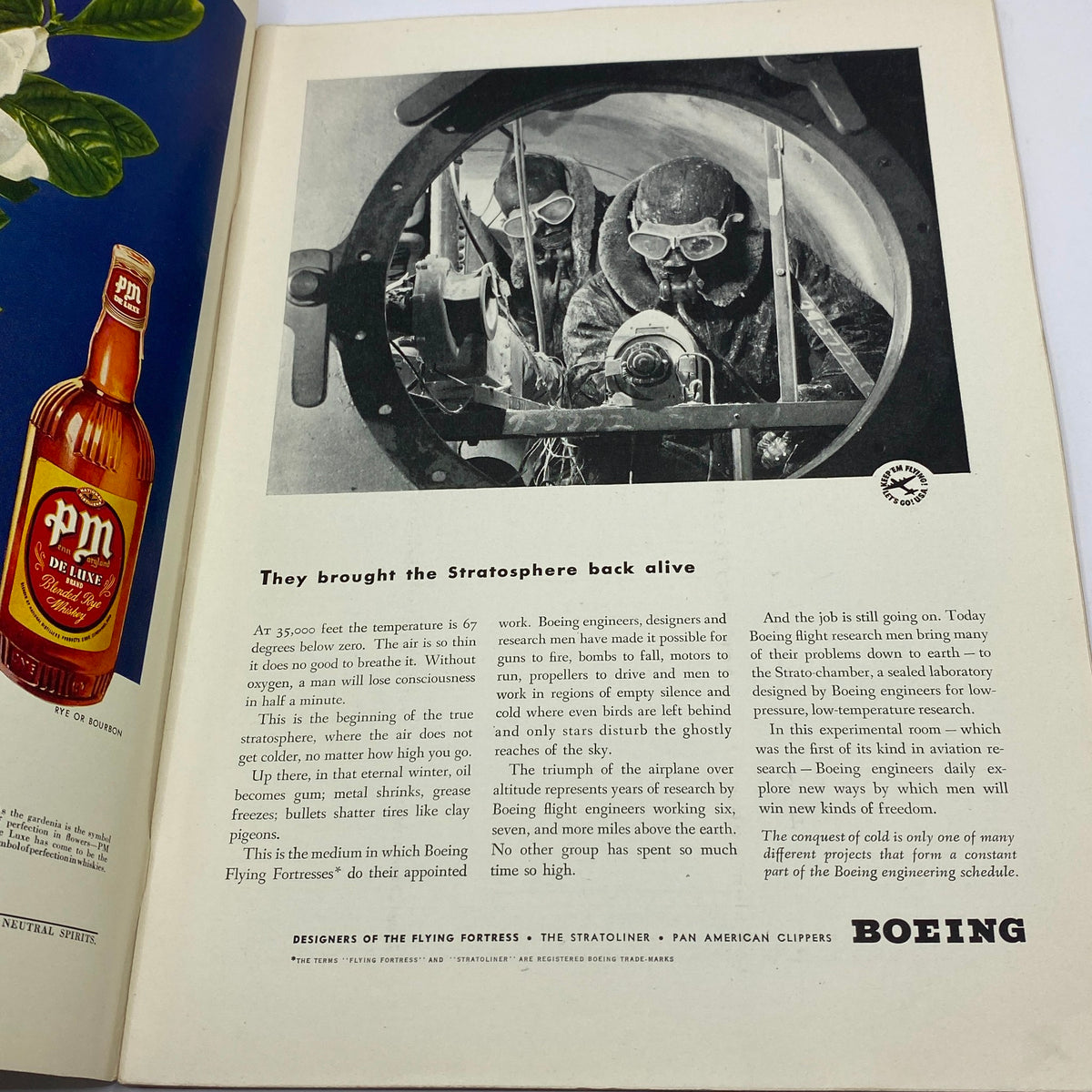 Interior page of The New Yorker Complete Magazine May 9, 1942 showcasing an advertisement for Boeing featuring two men preparing for a flight experiment, highlighting aviation innovation.