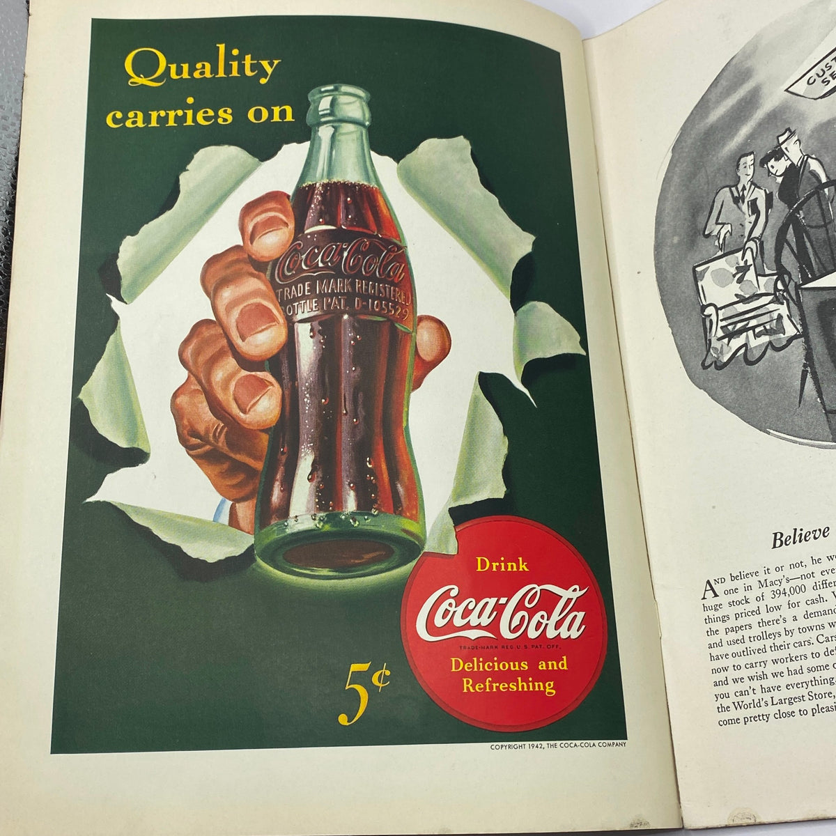 Coca-Cola advertisement from The New Yorker magazine, August 8, 1942, illustrating a hand holding a classic glass bottle of Coca-Cola with a vintage aesthetic, promoting the beverage as delicious and refreshing.