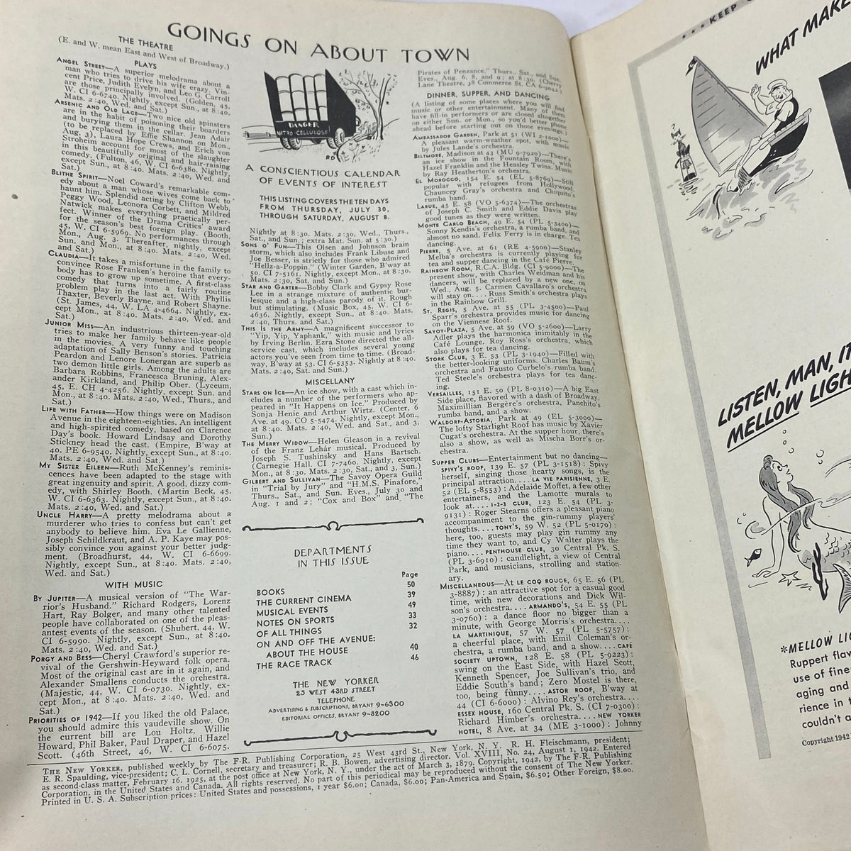 Interior page of The New Yorker Complete Magazine August 1, 1942 featuring events calendar and listings, showcasing the magazine's vintage design.