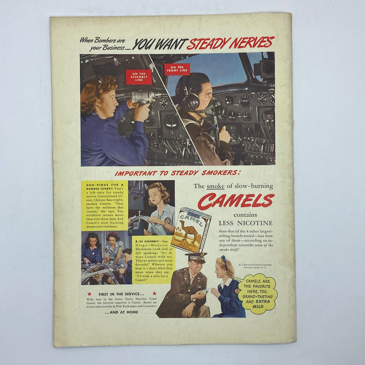 Advertisement for Camel cigarettes in The New Yorker Complete Magazine August 1, 1942, depicting women working in aircraft assembly and emphasizing the product's marketing angle during WWII.