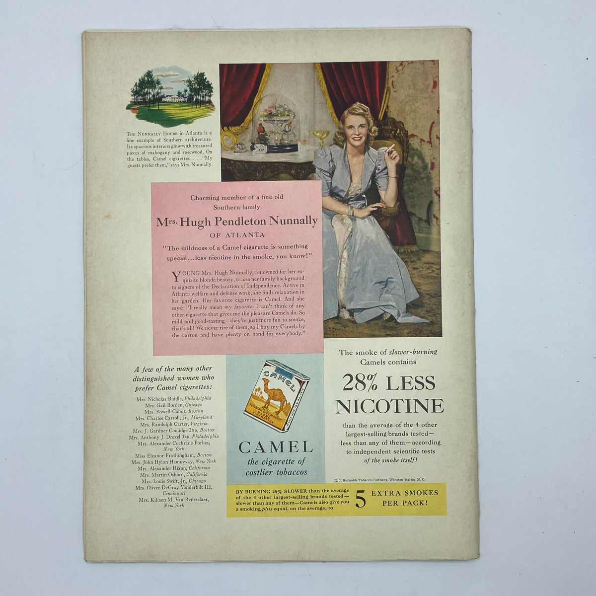 Ad featuring Mrs. Hugh Pendleton Nunnally of Atlanta, promoting Camel cigarettes in an elegant lifestyle setting, from The New Yorker magazine January 17, 1942.