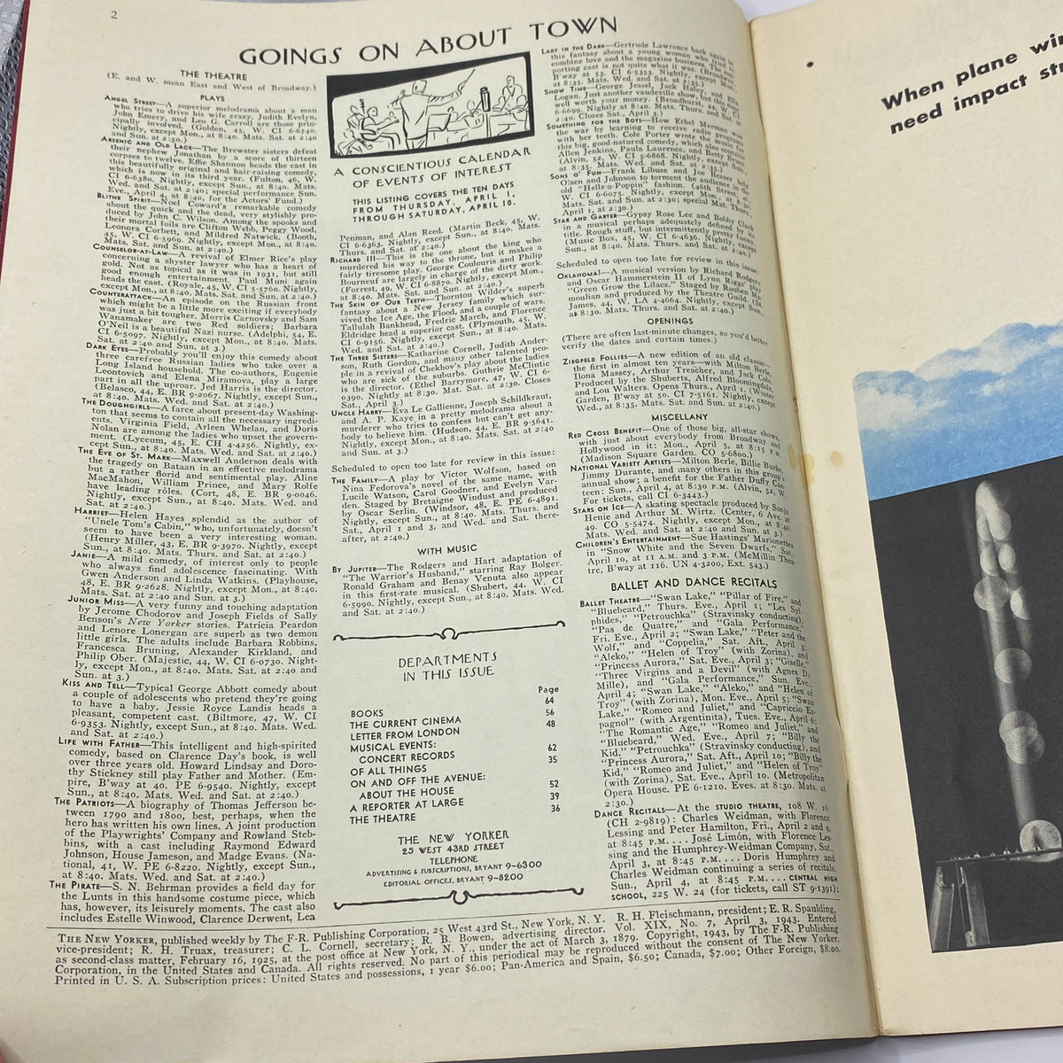 Inside page of The New Yorker magazine from April 3, 1943 showcasing the 'Goings on About Town' section with listings of events and activities in New York City.