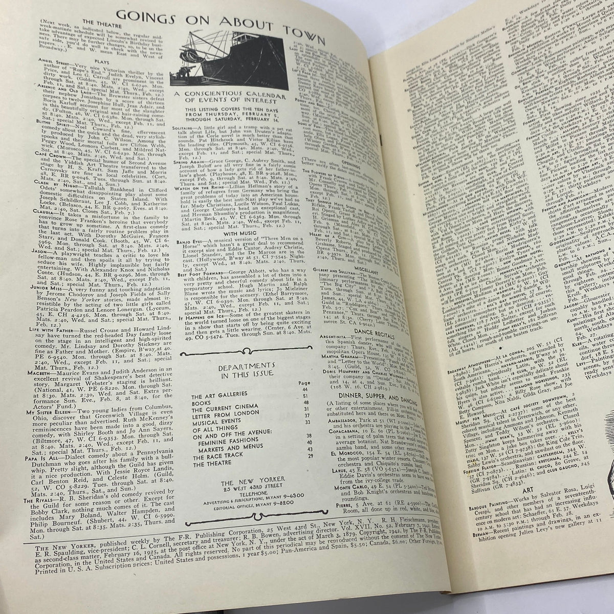 Inside page of The New Yorker magazine dated February 7, 1942, featuring the 'Goings On About Town' section, highlighting cultural events and listings from the era.