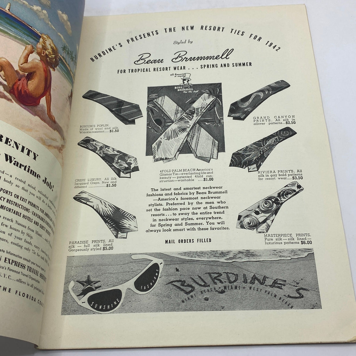 Advertisement page from The New Yorker magazine February 7, 1942, featuring Burdine's resort wear styled by Bean Brummell, showcasing tropical ties for spring and summer.