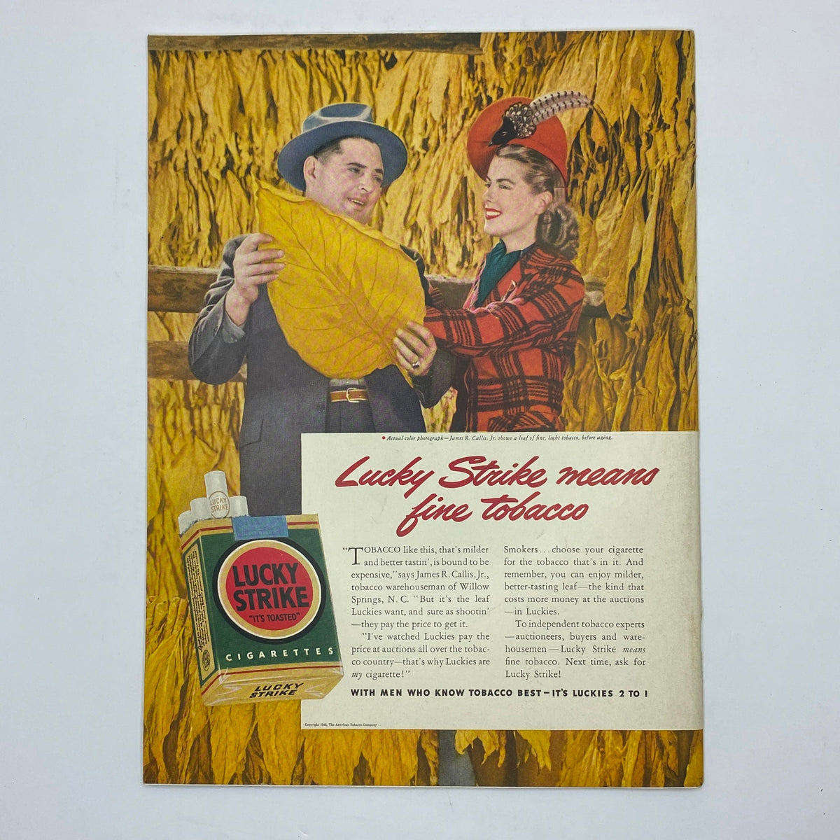 Advertisement for Lucky Strike cigarettes in The New Yorker magazine January 24, 1942, featuring a couple in a tobacco field. The New Yorker Complete Magazine January 24, 1942 Beatrice Tobias Cover.