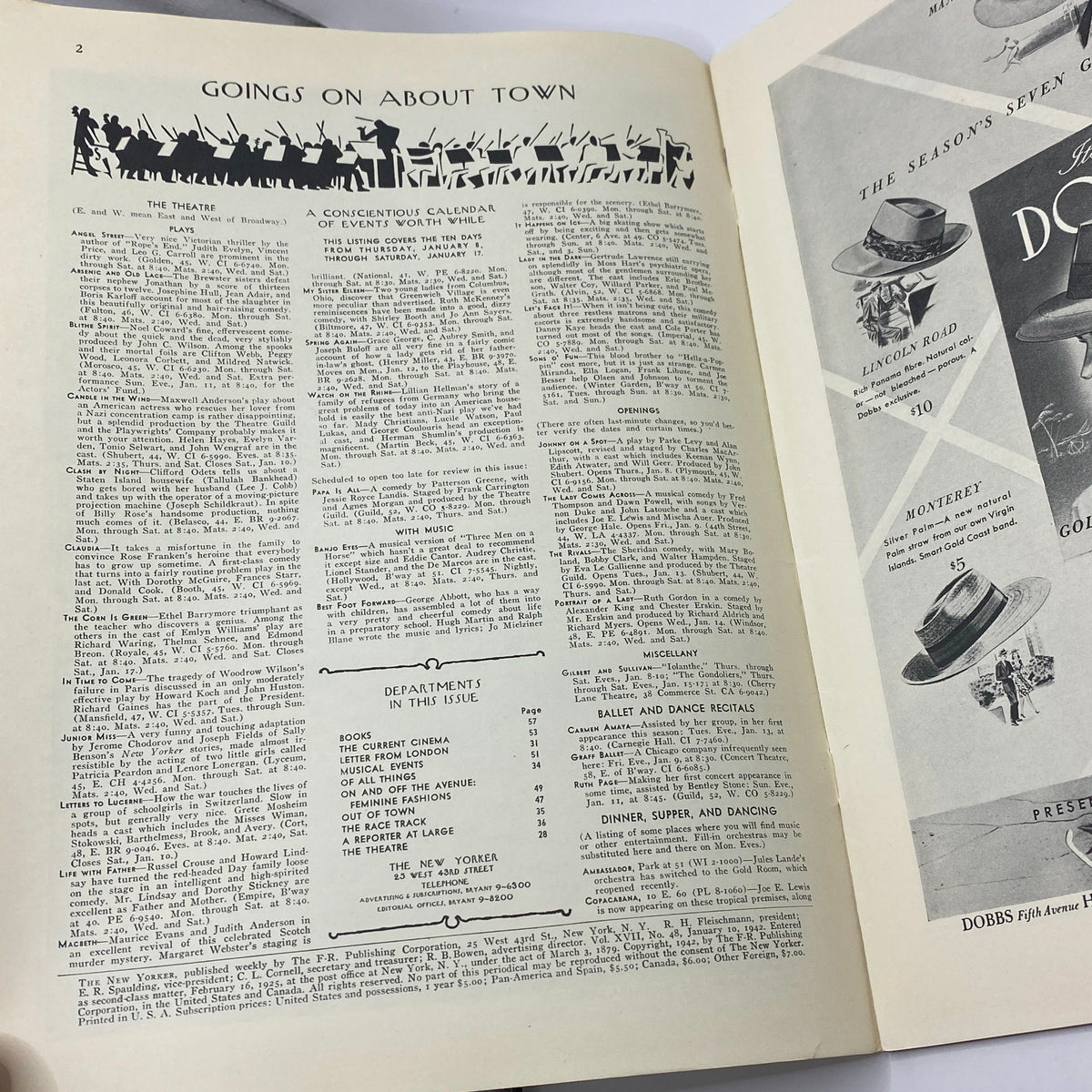 Page from The New Yorker Complete Magazine January 10, 1942 featuring 'Goings On About Town' section with event calendar and notable theatre performances.