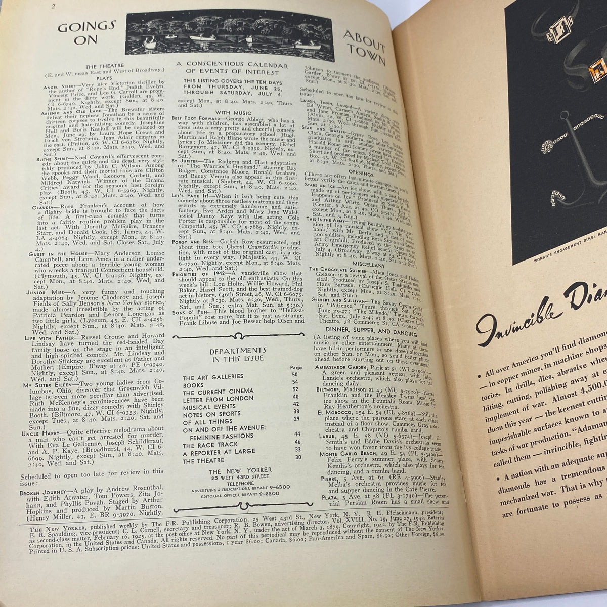 Inside pages of The New Yorker Complete Magazine June 27, 1942, showcasing an event calendar and listings, reflecting the magazine's historical context.