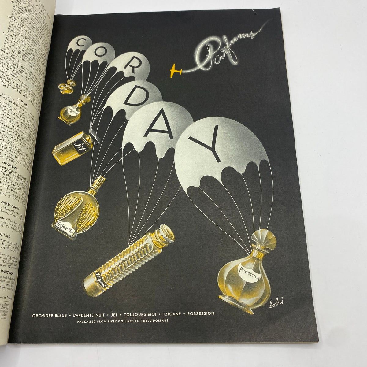 The New Yorker Complete Magazine December 5, 1942 Constantin Alajalov Cover - Featuring a stylish advertisement for Corday perfumes with parachute-themed graphics, showcasing various perfume bottles.