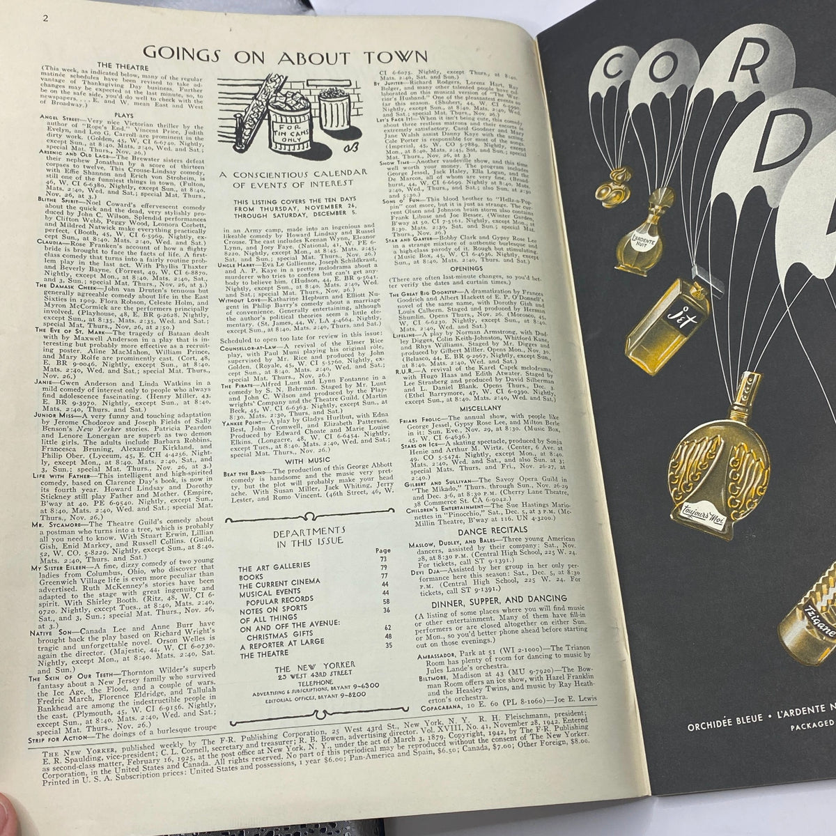 Inside page of The New Yorker Complete Magazine November 28, 1942, featuring the 'Goings On About Town' section with listings and events.