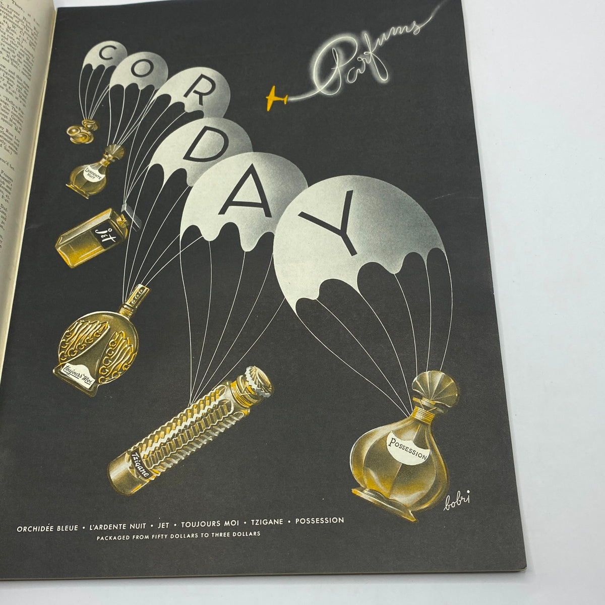 Inside advertisement for Corday perfumes from The New Yorker Complete Magazine November 28, 1942, displaying bottles attached to balloons with elegant typography.